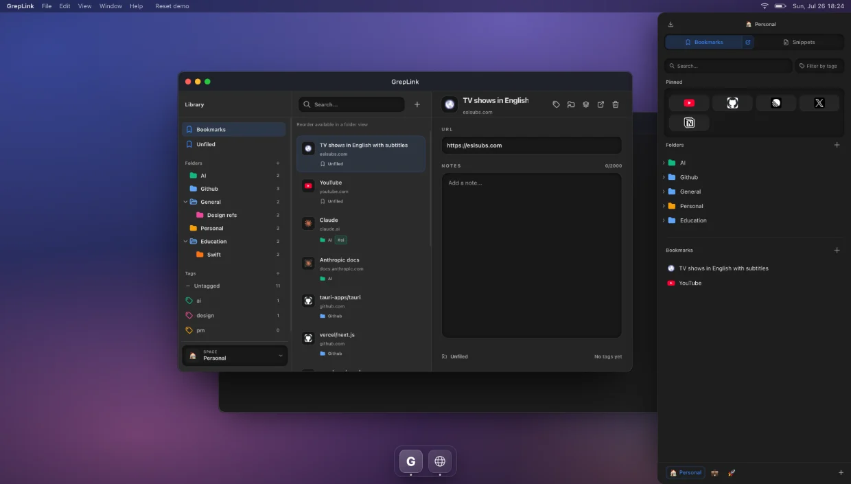 GrepLink on macOS: a bookmark library with folders, tags and notes beside the quick-access panel.